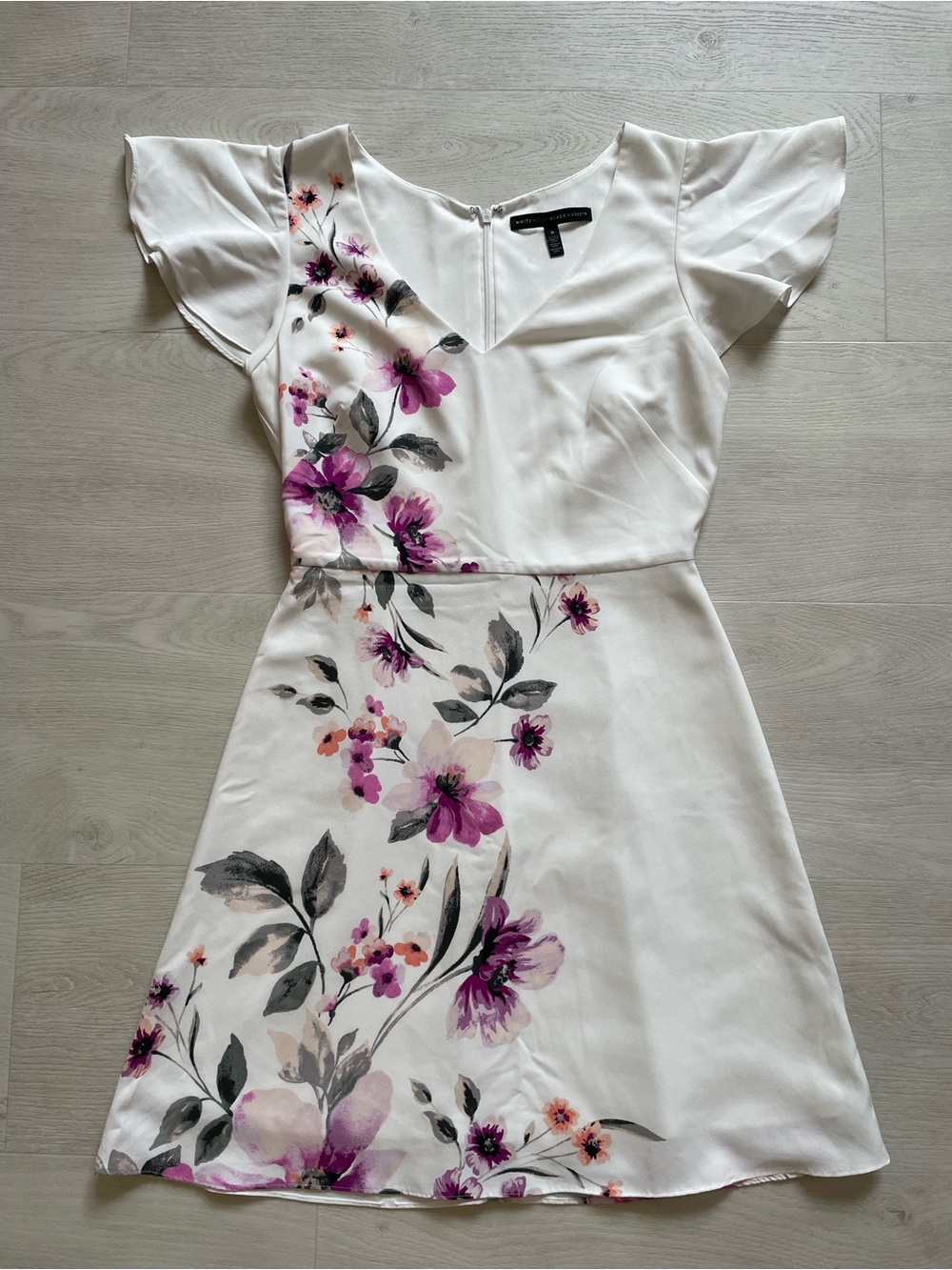 White House Black Market White Mini Dress with Pink & Purple Floral Print